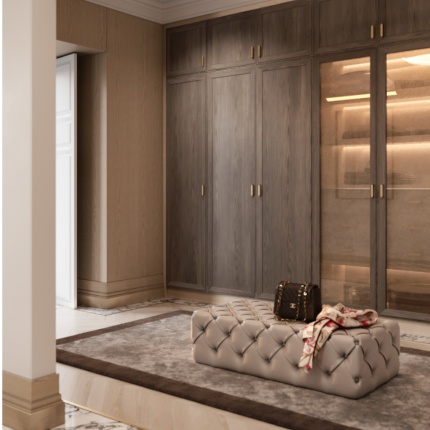 Custom Amari Closet in textured oak with glass doors and brass handles – Lapa Interior Design