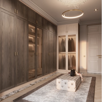 Custom Amari Closet in textured oak with glass doors and brass handles – Lapa Interior Design