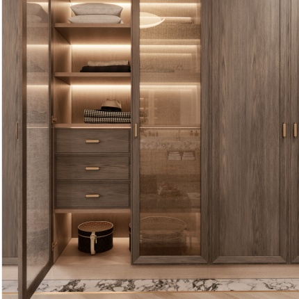 Custom Amari Closet in textured oak with glass doors and brass handles – Lapa Interior Design