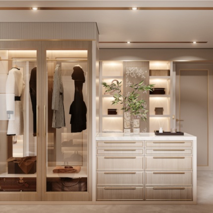 Custom Blossom Closet with walnut veneer, LED-lit shelving, and brass handles by Lapa Interior Design