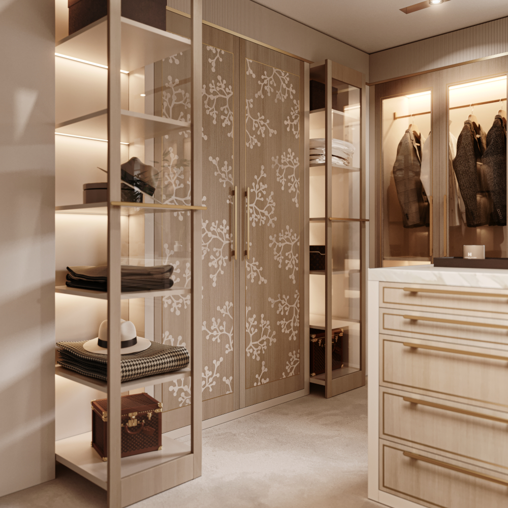 Custom Blossom Closet with walnut veneer, LED-lit shelving, and brass handles by Lapa Interior Design
