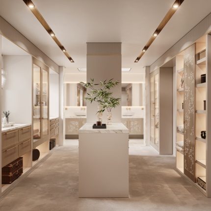 Custom Blossom Closet with walnut veneer, LED-lit shelving, and brass handles by Lapa Interior Design