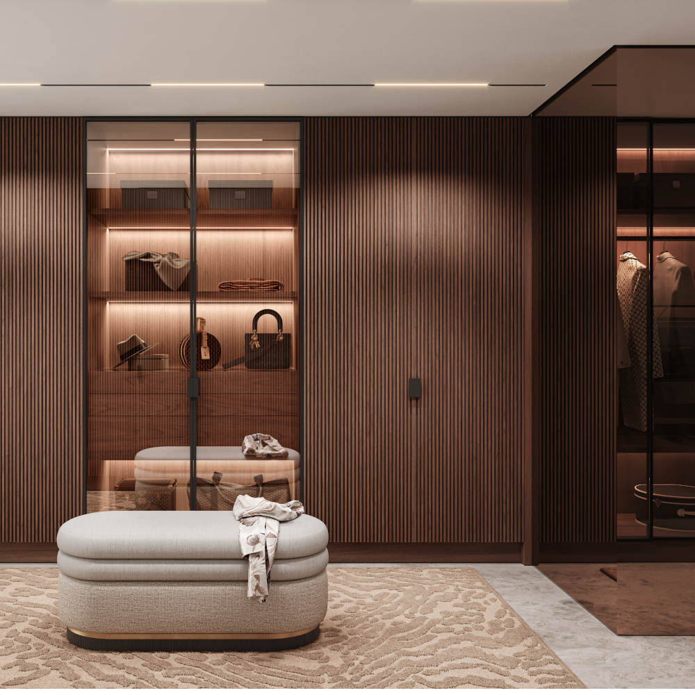 Devon Walk-In Closet by Lapa Interior Design featuring wood finishes and integrated LED lighting.