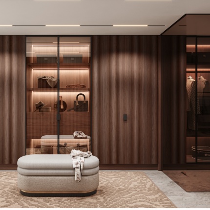 Devon Walk-In Closet by Lapa Interior Design featuring wood finishes and integrated LED lighting.