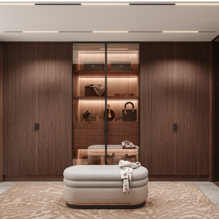 Devon Walk-In Closet by Lapa Interior Design featuring wood finishes and integrated LED lighting.