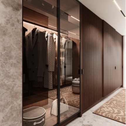 Devon Walk-In Closet by Lapa Interior Design featuring wood finishes and integrated LED lighting.