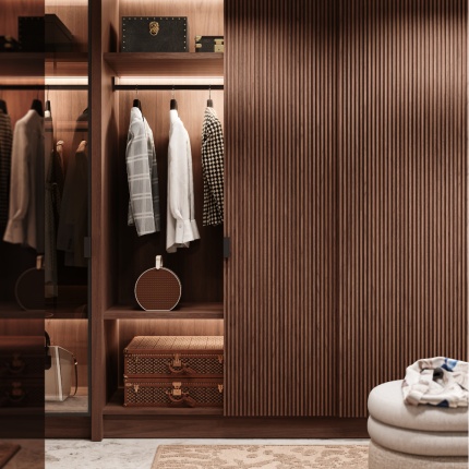 Devon Walk-In Closet by Lapa Interior Design featuring wood finishes and integrated LED lighting.