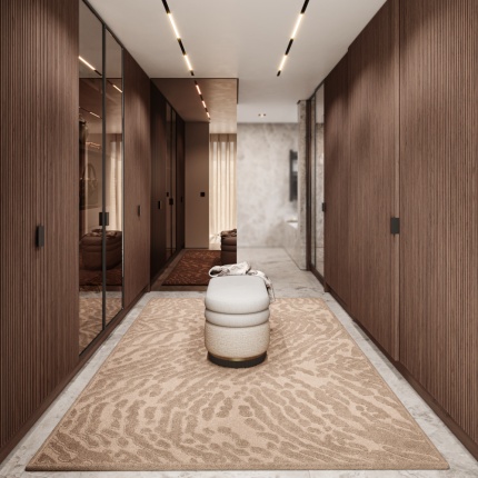 Devon Walk-In Closet by Lapa Interior Design featuring wood finishes and integrated LED lighting.