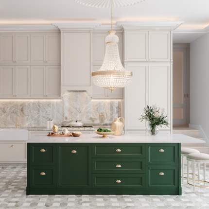 Directoire Kitchen by Lapa Interior Design – custom kitchen with lacquered wood cabinets and marble worktop, inspired by French classical design.