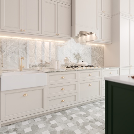 Directoire Kitchen by Lapa Interior Design – custom kitchen with lacquered wood cabinets and marble worktop, inspired by French classical design.