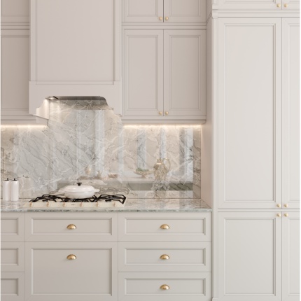 Directoire Kitchen by Lapa Interior Design – custom kitchen with lacquered wood cabinets and marble worktop, inspired by French classical design.