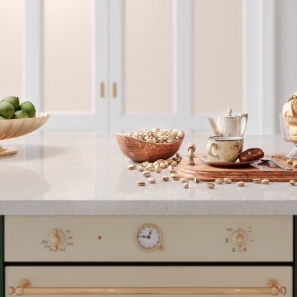 Directoire Kitchen by Lapa Interior Design – custom kitchen with lacquered wood cabinets and marble worktop, inspired by French classical design.