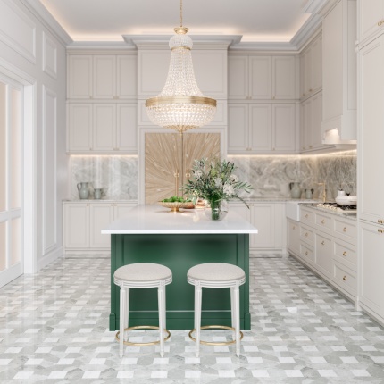 Directoire Kitchen by Lapa Interior Design – custom kitchen with lacquered wood cabinets and marble worktop, inspired by French classical design.