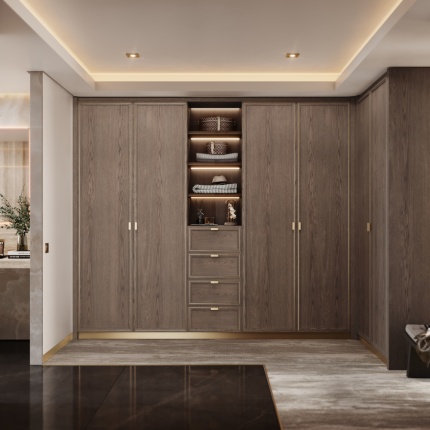 Quincy Walk-In Closet by Lapa Interior Design with walnut finish and brass details