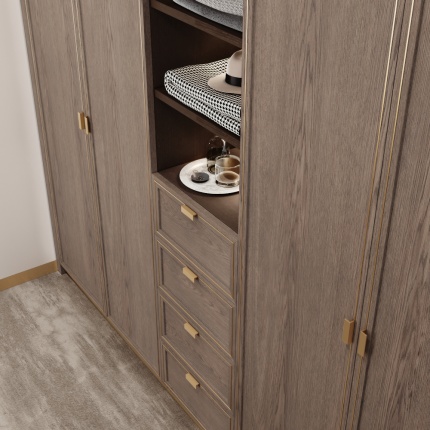Quincy Walk-In Closet by Lapa Interior Design with walnut finish and brass details