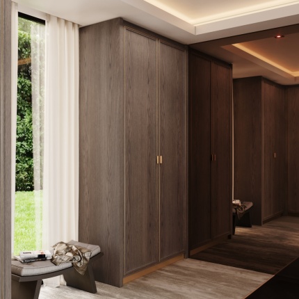 Quincy Walk-In Closet by Lapa Interior Design with walnut finish and brass details
