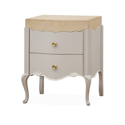 Lotus Bedside Table by Lapa Interior Design – oak top bedside table with carved legs and pastel lacquered body