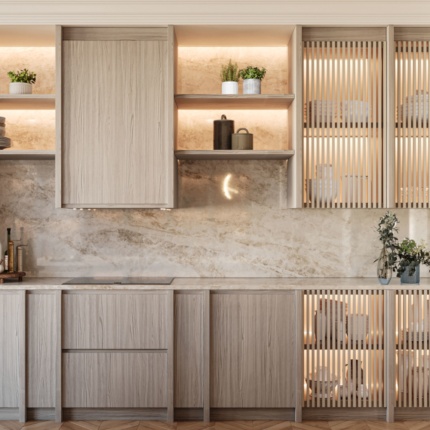 Tailor-made Aiden Kitchen in natural wood and marble, handcrafted in Portugal by Lapa Interior Design