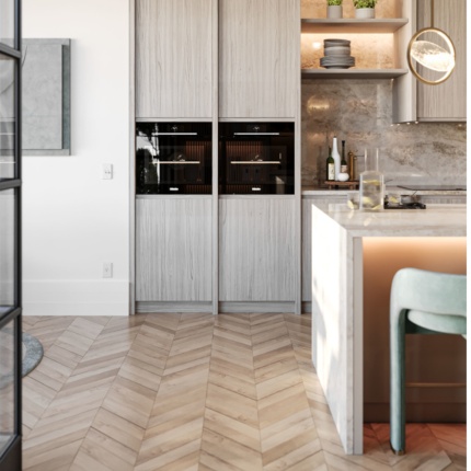 Tailor-made Aiden Kitchen in natural wood and marble, handcrafted in Portugal by Lapa Interior Design