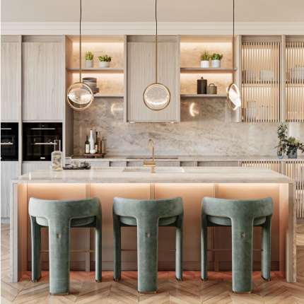 Tailor-made Aiden Kitchen in natural wood and marble, handcrafted in Portugal by Lapa Interior Design