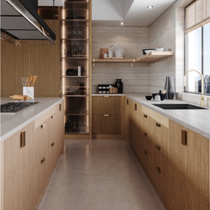 Devon Kitchen da AM Living – Cozinha sob medida com design moderno e acabamentos em madeira de freixo e nogueira.